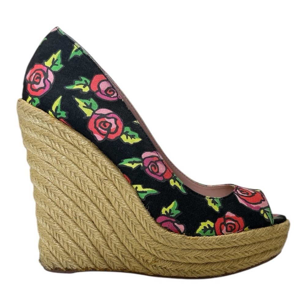 Betsey Johnson Rose Floral Platform Espadrille Wedge Peep Toe Y2K Retro Sz  10 - Picture 10 of 13